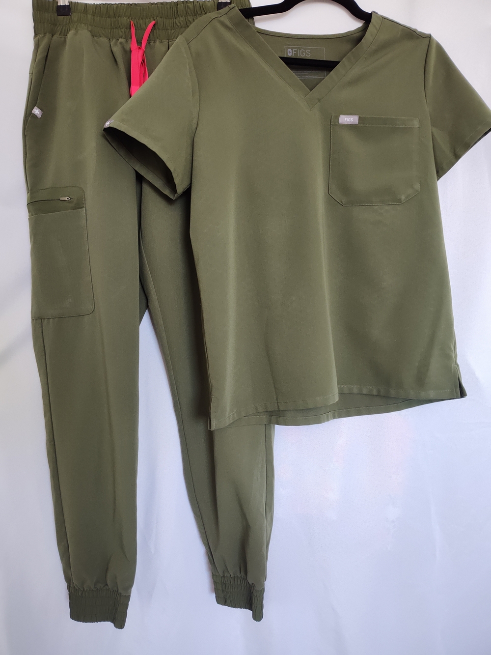 Figs Olive Green Scrub Top with Pink Drawstring Accent